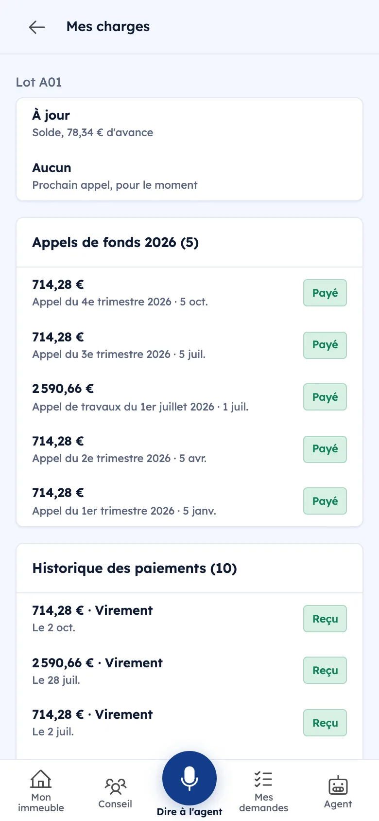 Mes charges : compte à jour, appels de fonds payés, historique des paiements